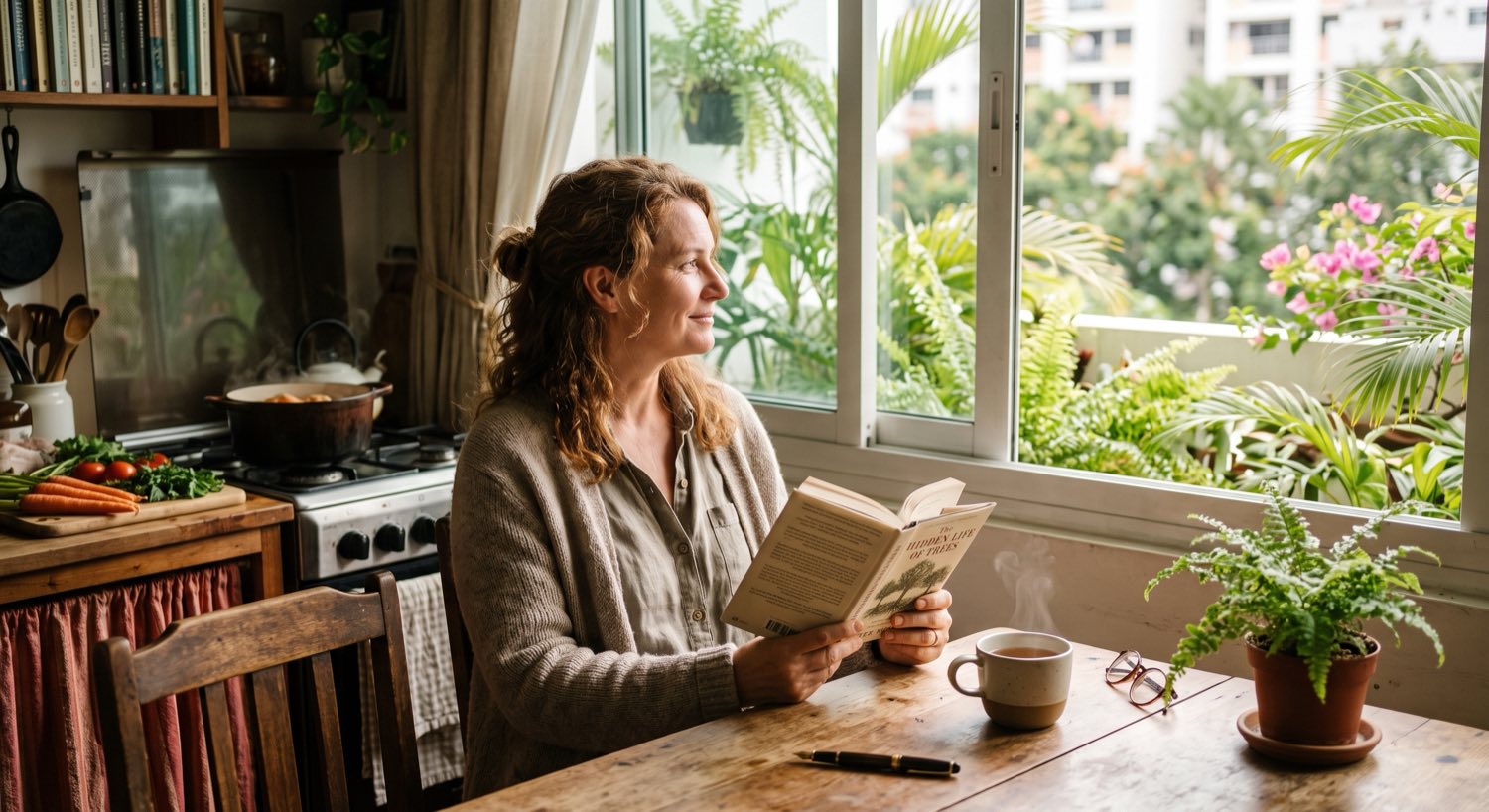After: the same table cleared, a woman reading by the open window with a fresh cup of coffee.