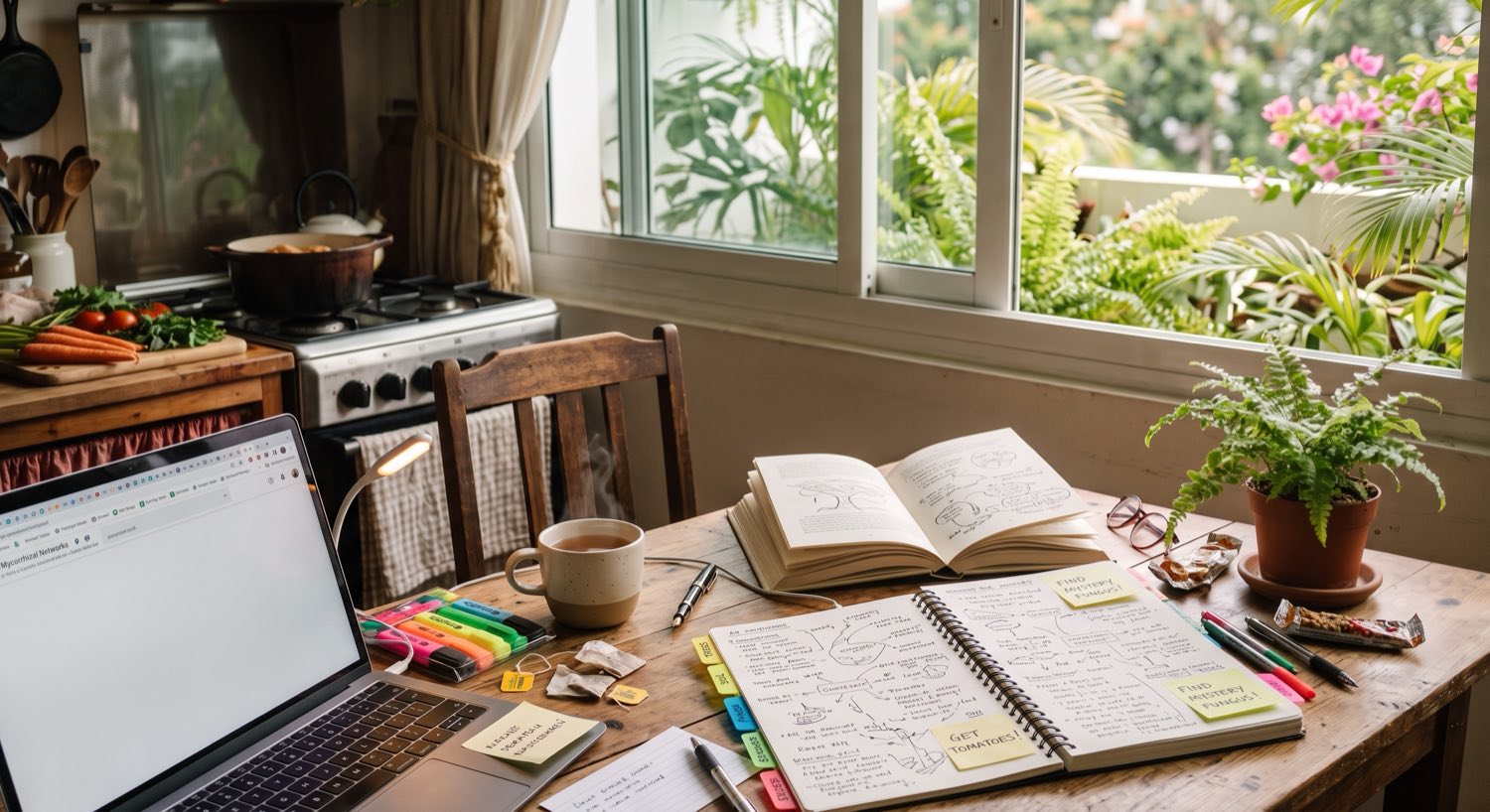 Before: the kitchen table buried under a laptop, a notebook of diagrams, sticky notes and a cold mug of tea.
